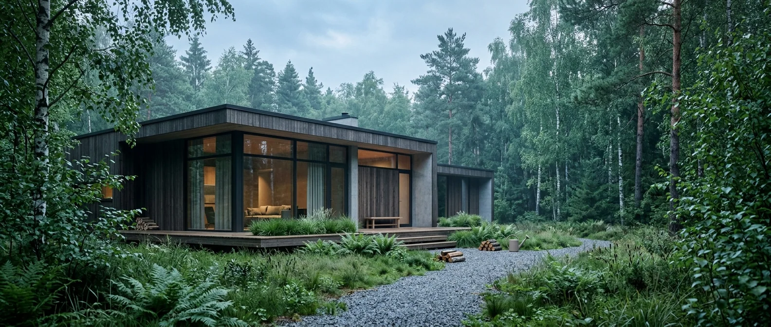 Rolig nordisk morgenscene med moderne glasfacade og grønne træer