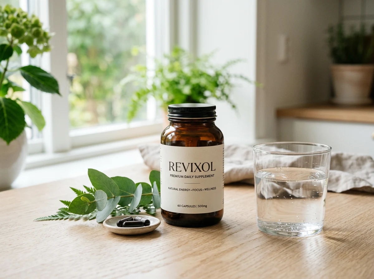 Revixol flaske på køkkenbord med vand og grønne blade